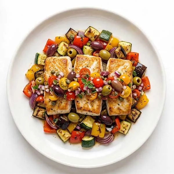 Mediterranean White Fish with Olives, Oven Roast Vegetable & Cherry Tomato Salsa